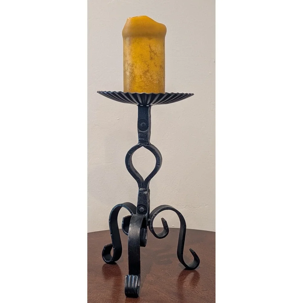 VTG Hand-Forged Black Iron Candle Holder Substantial Weight Scroll Design 13